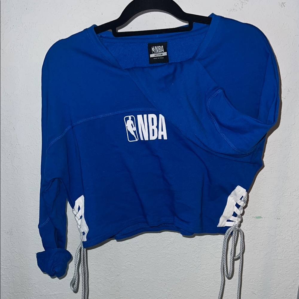 NBA Blue Cropped Hoodie with Relaxed Fit and Tie Front